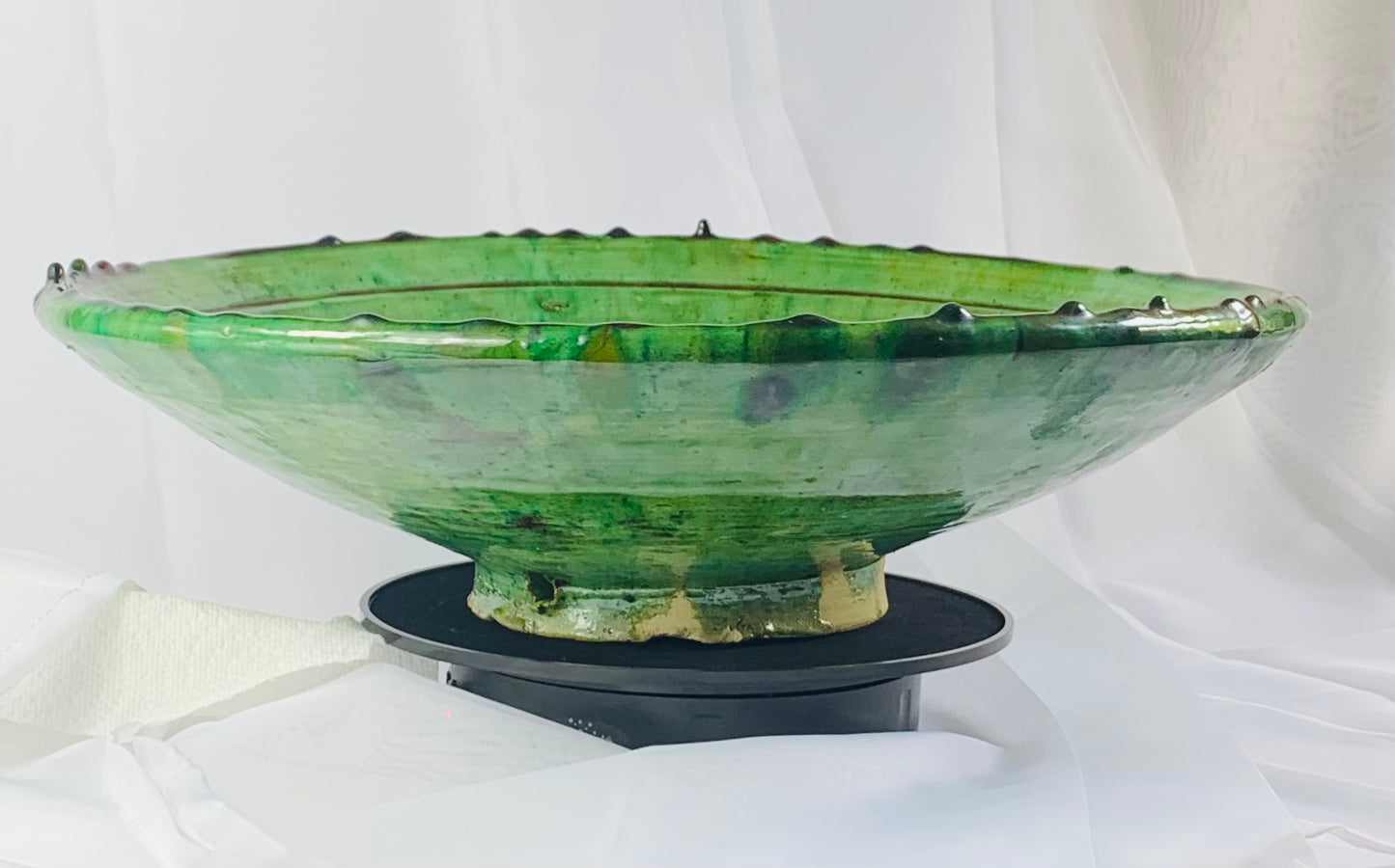 Extra Large Tamegroute Pedestal Plate, Green Moroccan Ceramic Centrepiece, Handmade Serving Platter, Boho Table Decor