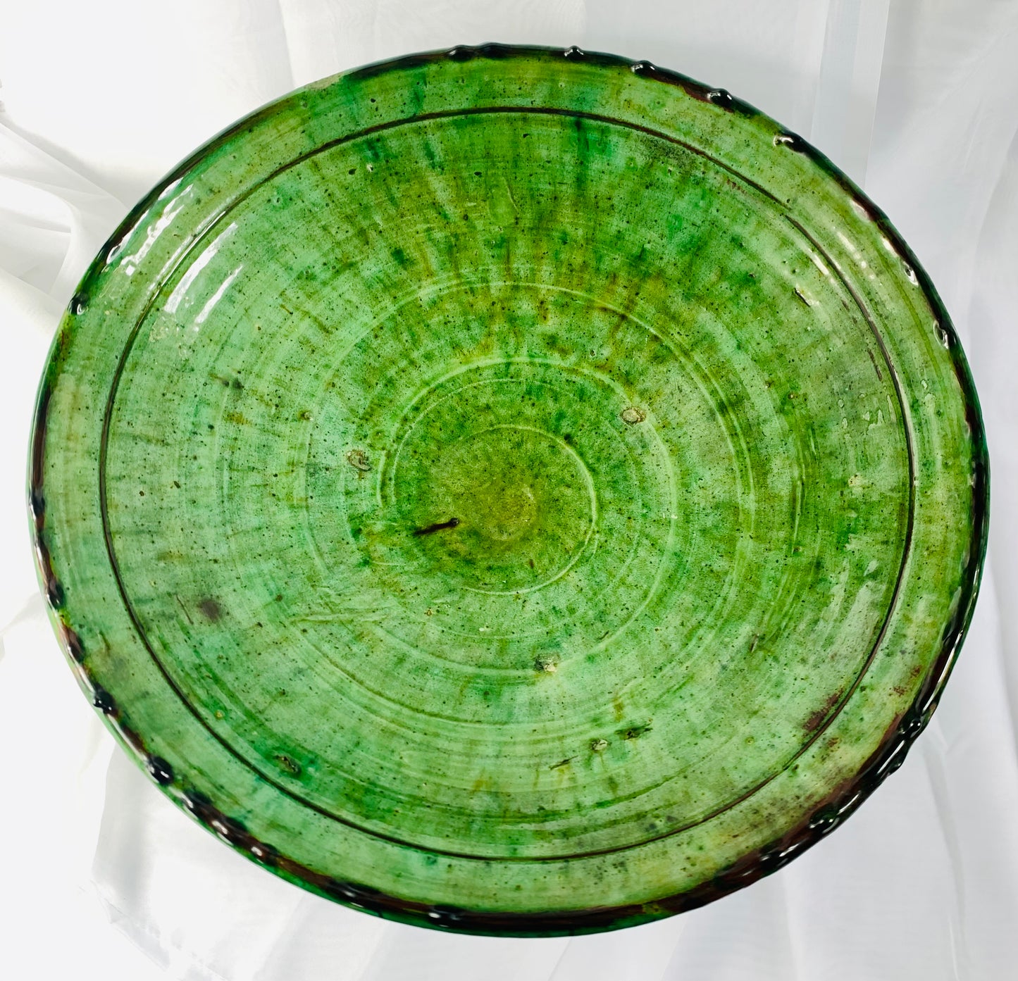 Extra Large Tamegroute Pedestal Plate, Green Moroccan Ceramic Centrepiece, Handmade Serving Platter, Boho Table Decor