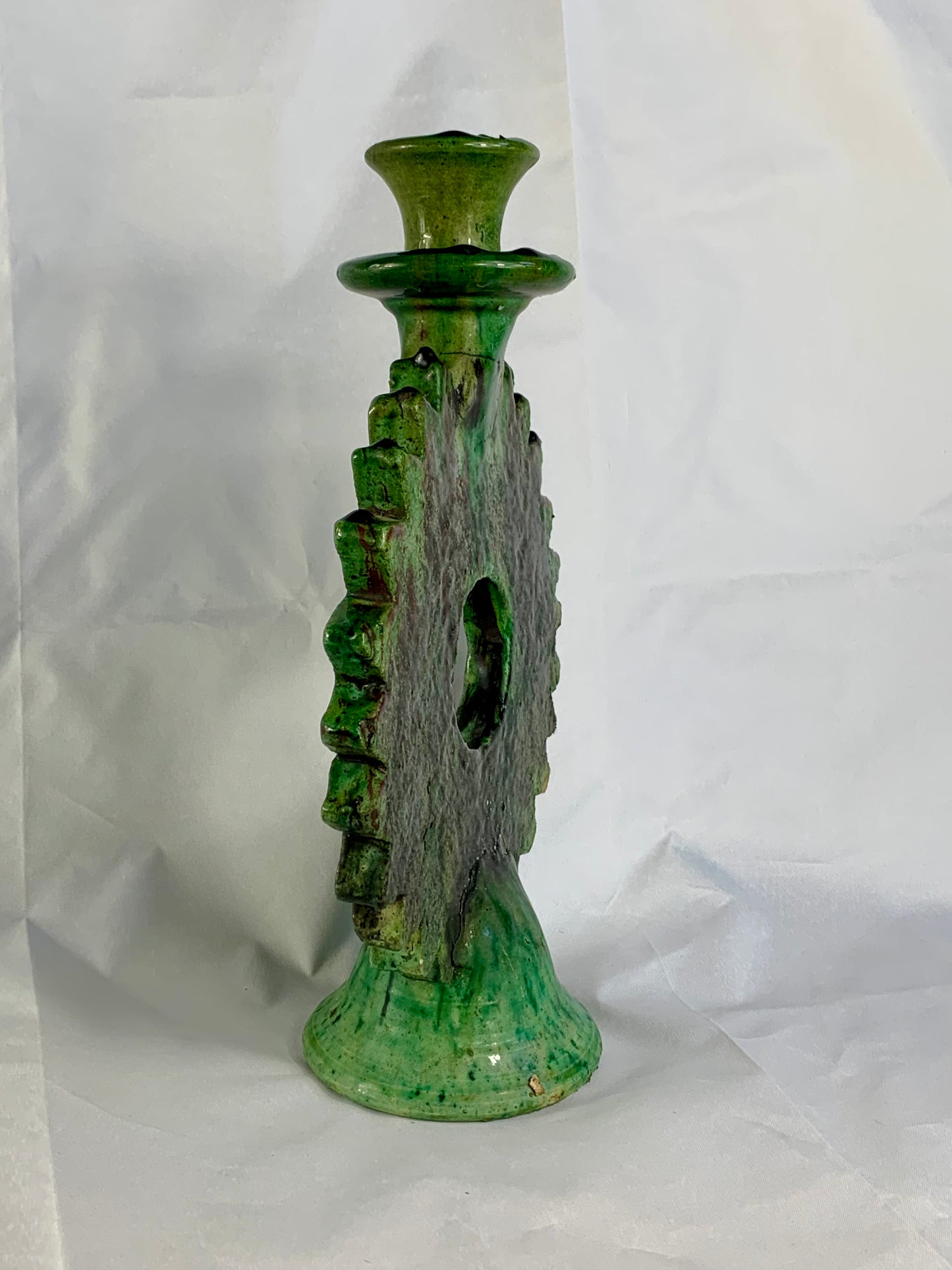Large Sunburst Tamegroute Candlestick, Green Moroccan Pottery Candle Holder, Handmade Boho Mantel Decor