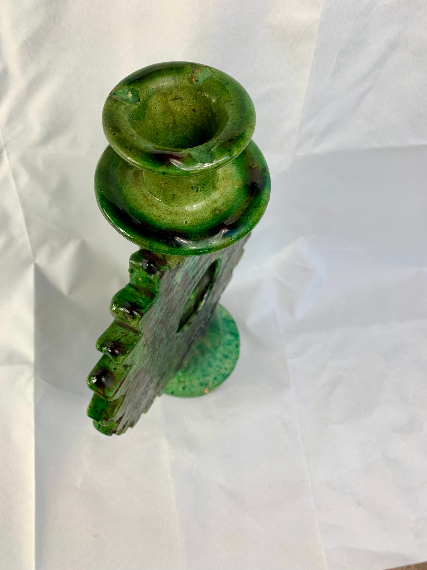 Large Sunburst Tamegroute Candlestick, Green Moroccan Pottery Candle Holder, Handmade Boho Mantel Decor