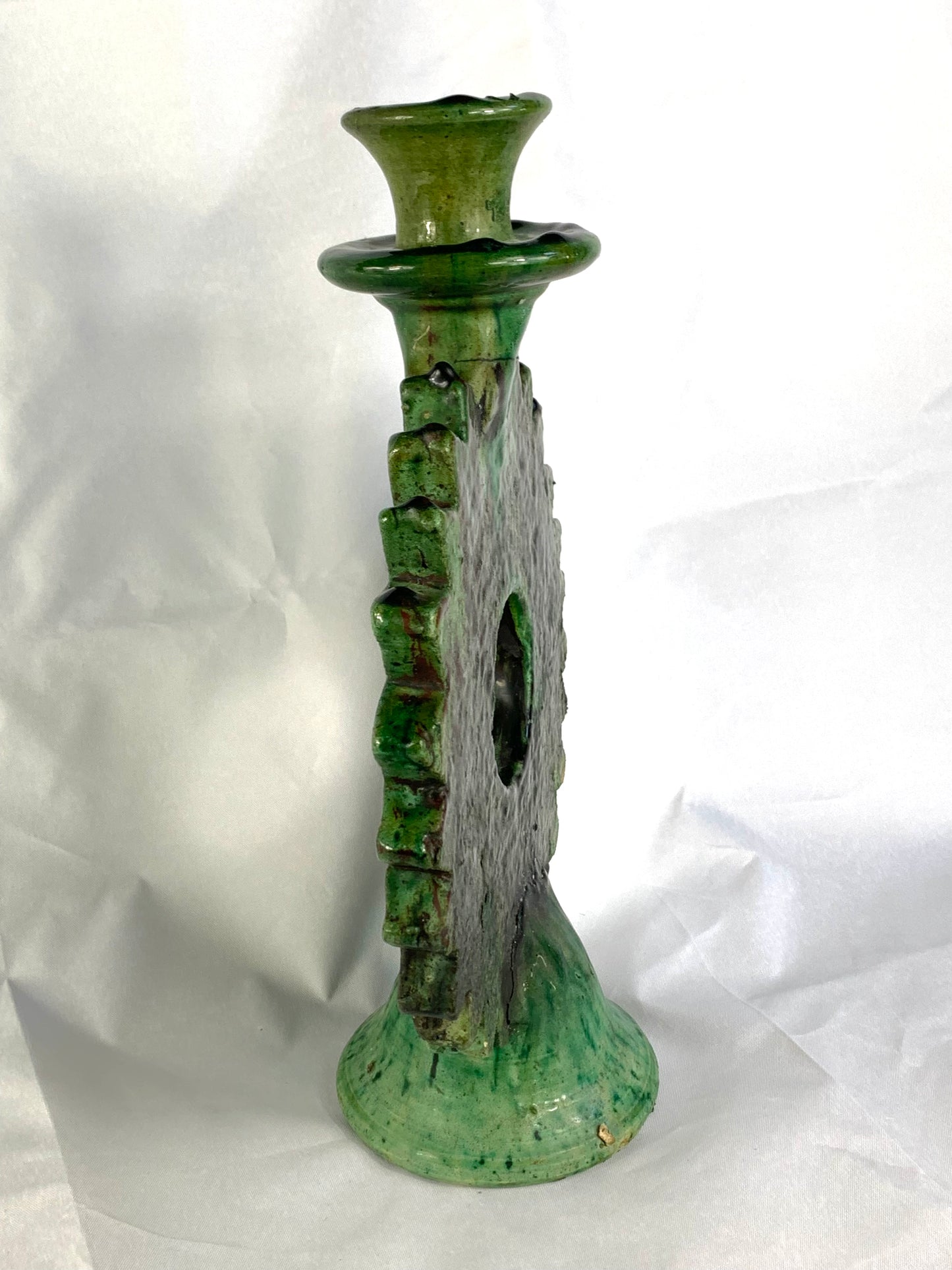 Large Sunburst Tamegroute Candlestick, Green Moroccan Pottery Candle Holder, Handmade Boho Mantel Decor
