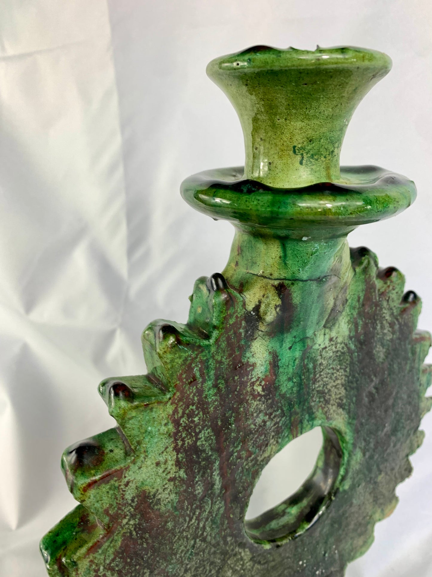 Large Sunburst Tamegroute Candlestick, Green Moroccan Pottery Candle Holder, Handmade Boho Mantel Decor