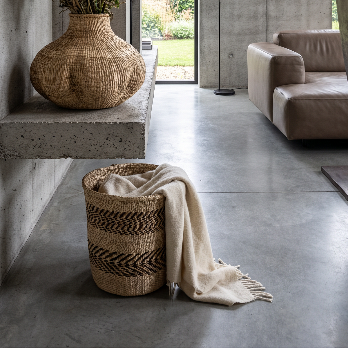 A styled interior room with concrete walls and floor, featuring a large woven vase with dried flowers on a concrete ledge, a tan sofa, wall-mounted woven decor, and a basket with a draped cream throw in the foreground.