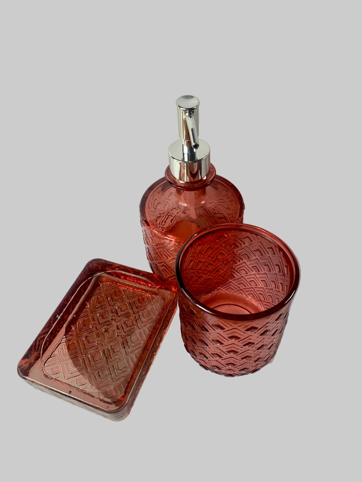 Pink bathroom set made from recycled glass