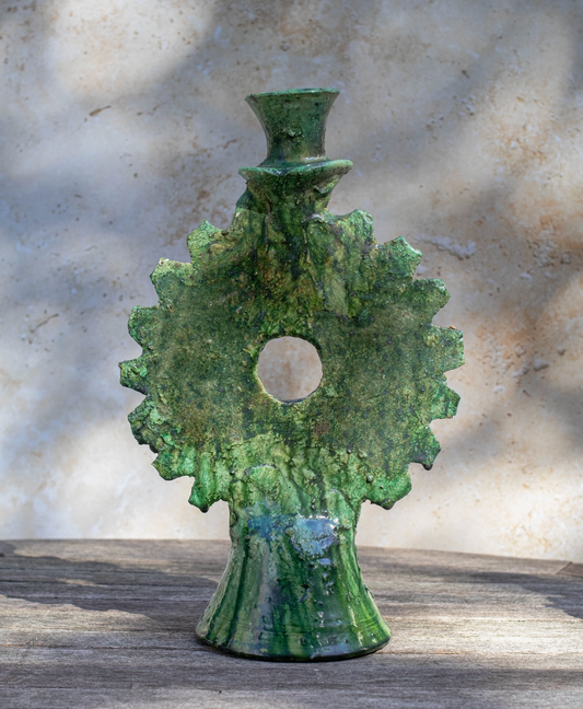 Large Sunburst Tamegroute Candlestick, Green Moroccan Pottery Candle Holder, Handmade Boho Mantel Decor