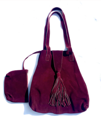 Handmade Burgundy Suede Tote Bag with Tassel, Marrakesh Leather Shoulder Bag, Boho Statement Bag with Zip Pouch