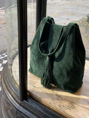 Handmade Green Suede Tote Bag with Tassel, Marrakesh Leather Shoulder Bag, Boho Statement Bag with Zip Pouch