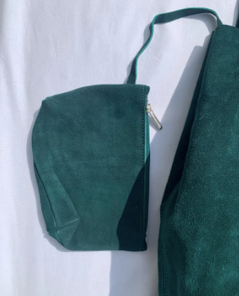 Handmade Green Suede Tote Bag with Tassel, Marrakesh Leather Shoulder Bag, Boho Statement Bag with Zip Pouch