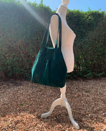 Handmade Green Suede Tote Bag with Tassel, Marrakesh Leather Shoulder Bag, Boho Statement Bag with Zip Pouch