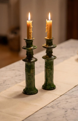 Large Tamegroute Candlestick, Green Moroccan Pottery Column Candle Holder, Handmade Boho Mantel Decor