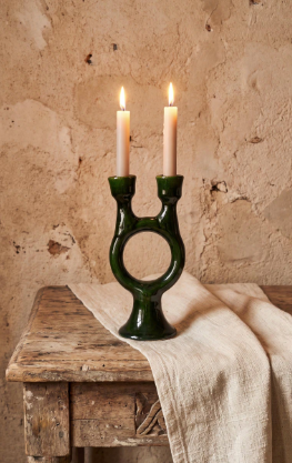 Tamegroute Double Candlestick Holder, Green Moroccan Pottery, Handmade Twin Taper Candle Holder, Boho Mantel Decor