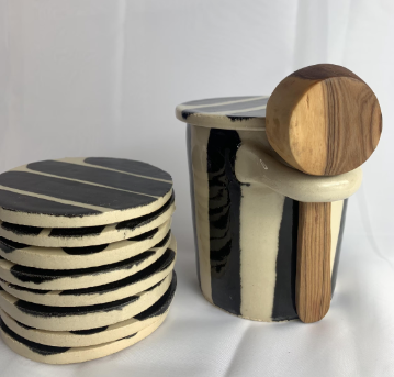 Handmade Ceramic Coaster, Black and Cream Stripe Pattern, Monochrome Pottery Coaster, Chic Coffee Table Accessory