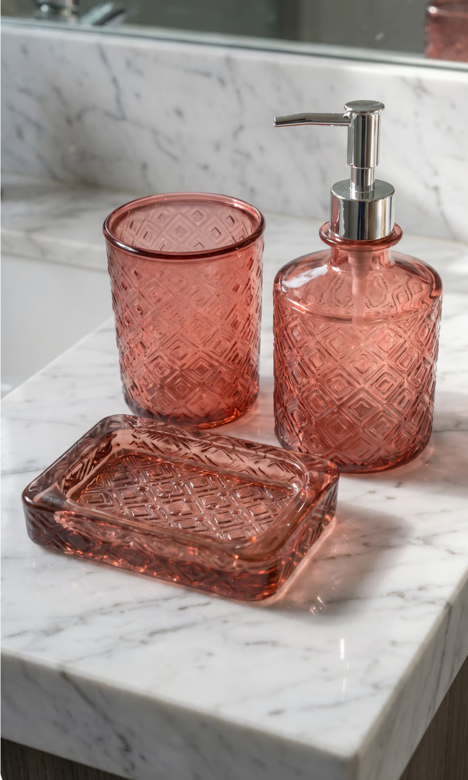 3-piece pink embossed recycled glass bathroom set with soap dispenser, tumbler, and soap dish