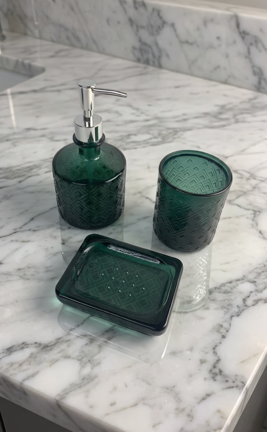 3-piece dark teal embossed recycled glass bathroom set with soap dispenser, tumbler, and soap dish