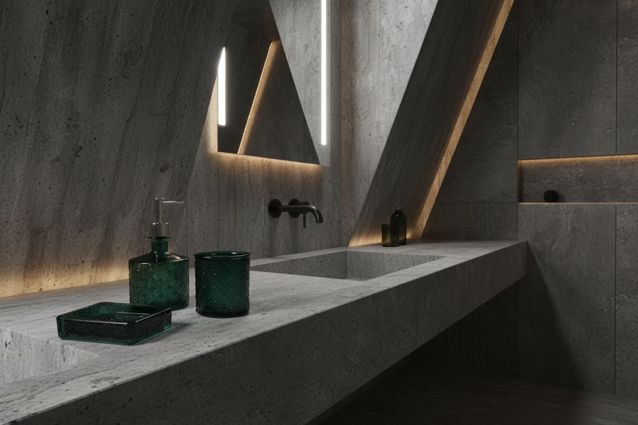 A three-piece green glass bathroom set including a soap dispenser with a chrome pump, a textured glass cup, and a rectangular glass soap dish, arranged on a white draped fabric background.