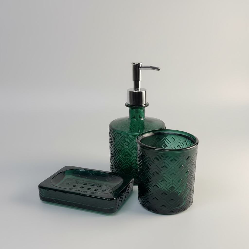 A green textured glass bathroom set including a soap dispenser, a cup, and a rectangular soap dish