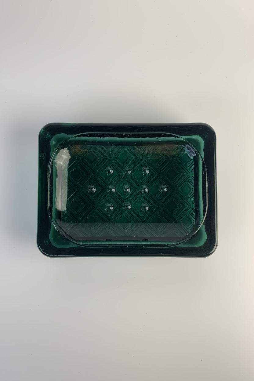 3-piece dark teal embossed recycled glass bathroom set with soap dispenser, tumbler, and soap dish